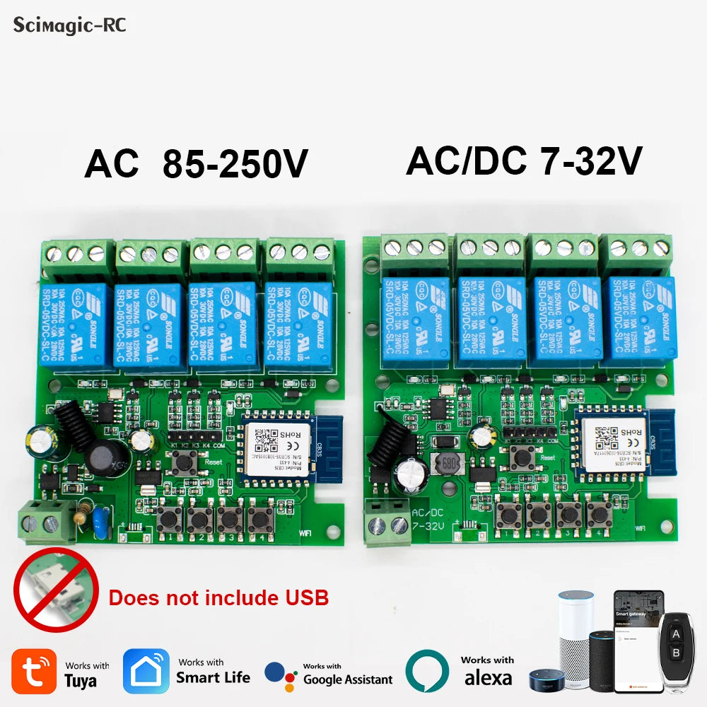 Tuya Relay 4CH Smart Home Switch Module 5V 12V 32V 220V RF 433 Radio Remote Control Work With Alexa Google Home