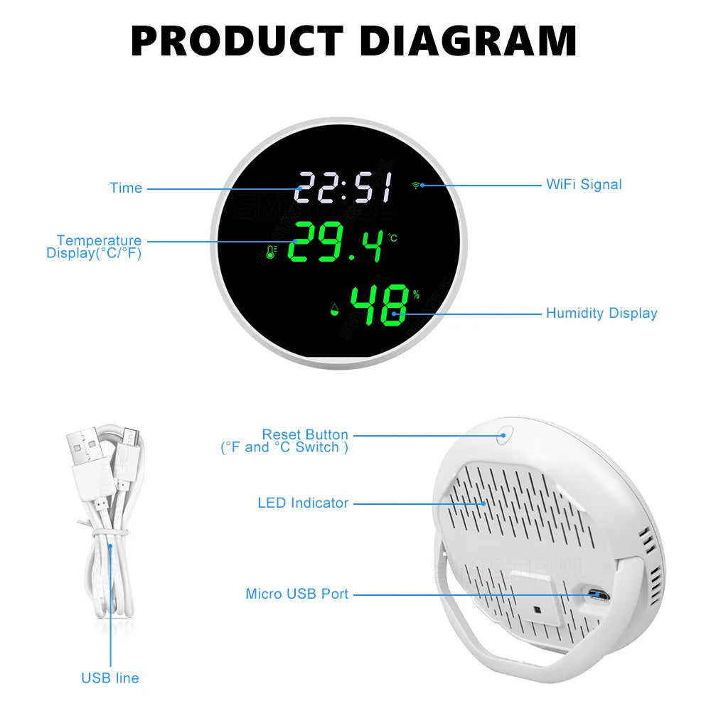 Tuya USB Smart Temperature Humidity Sensor WiFi APP Remote Monitor for Smart Home Smart Life, Works With Alexa, Google Assistant