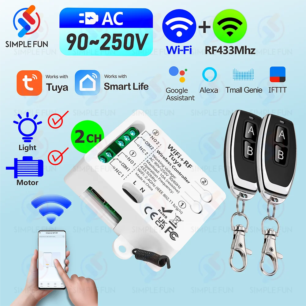 Tuya WiFi RF 433Mhz Smart Light Switch Motor Switch AC 110V 220V 230V 10A 2CH Support Alexa Google Home,for Lamp Garage Door