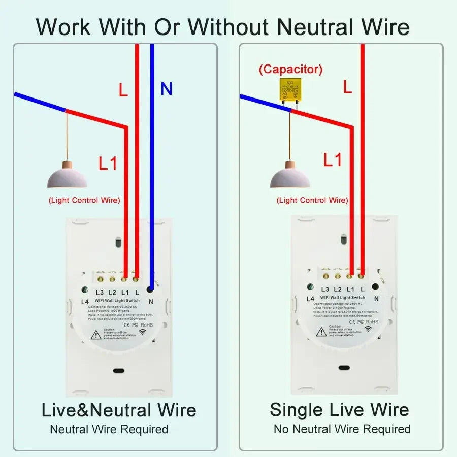 Tuya Smart Switches US Neutral Wire/No Neutral Wire Required 1/2/3/4 Gang WiFi Touch Light Switch Work with Alexa Google Home