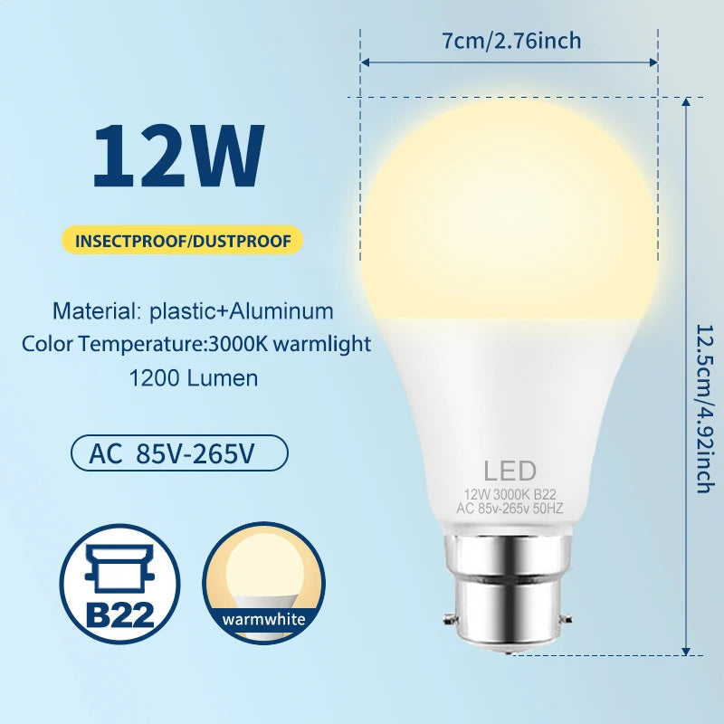 B22 9W 12W LED Bulb Energy Saving AC85-265V LED Lamp Bulb for Living Room Home Kitchen Garage Indoor