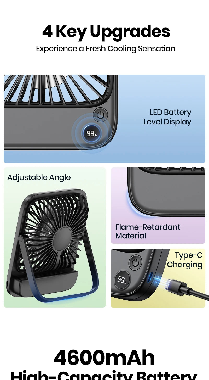 TOPK Rechargeable Portable Fan Electric Mini fan for Camping,4600mah Battery USB Desk Fan Small Silent Table Fans for Room Home