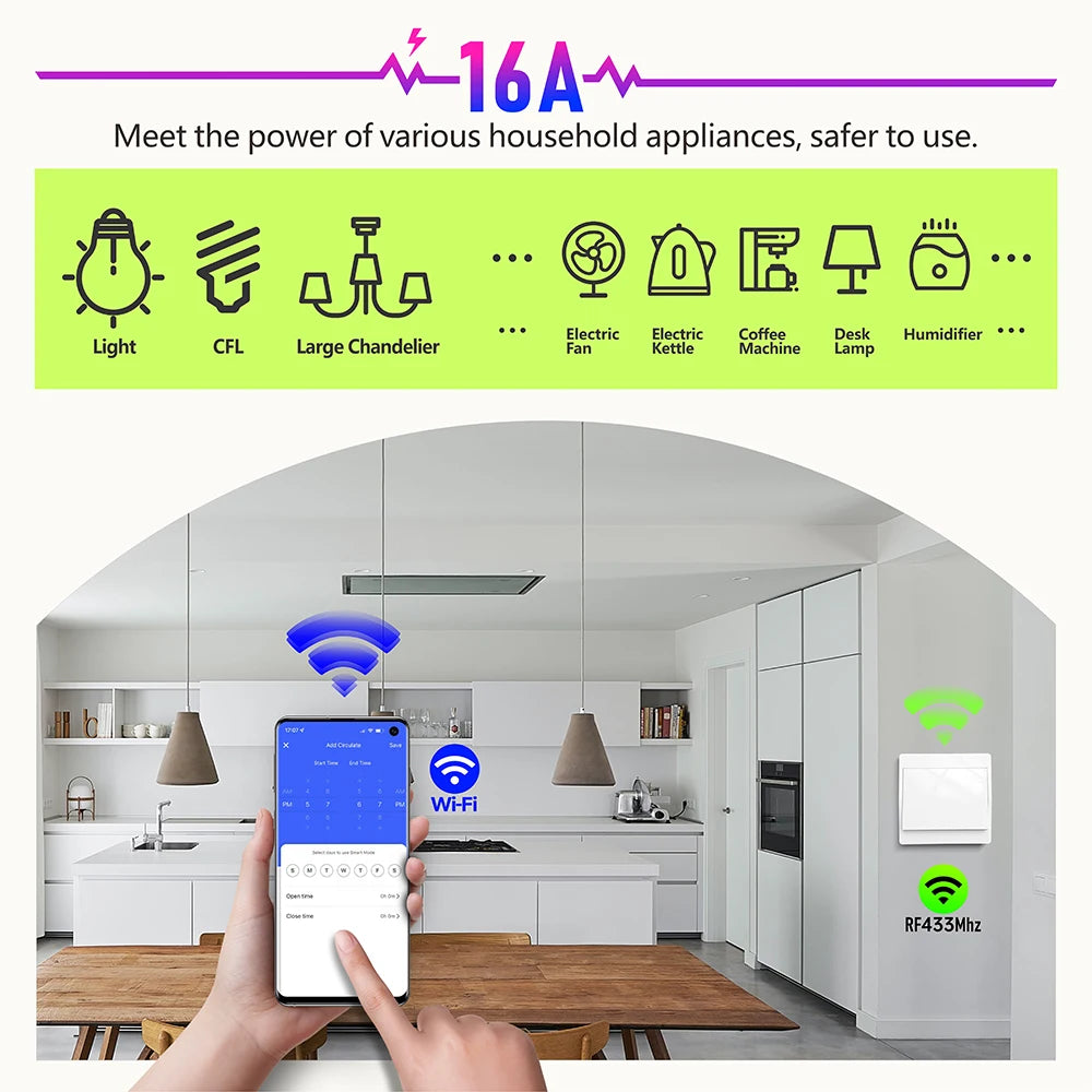 TUYA ALEXA Self-powered Wireless Wall Switch No Battery Required 86Type RF433Mhz Waterproof Switch AC110V 220V for home light