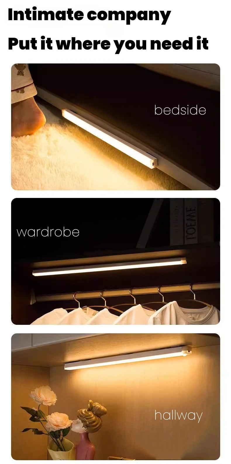 Motion Sensor  Bar  Light Type C Rechargeable Light  LED Magnetic attraction Night Light  for Kitchen Bedside Wardrobe bookcase