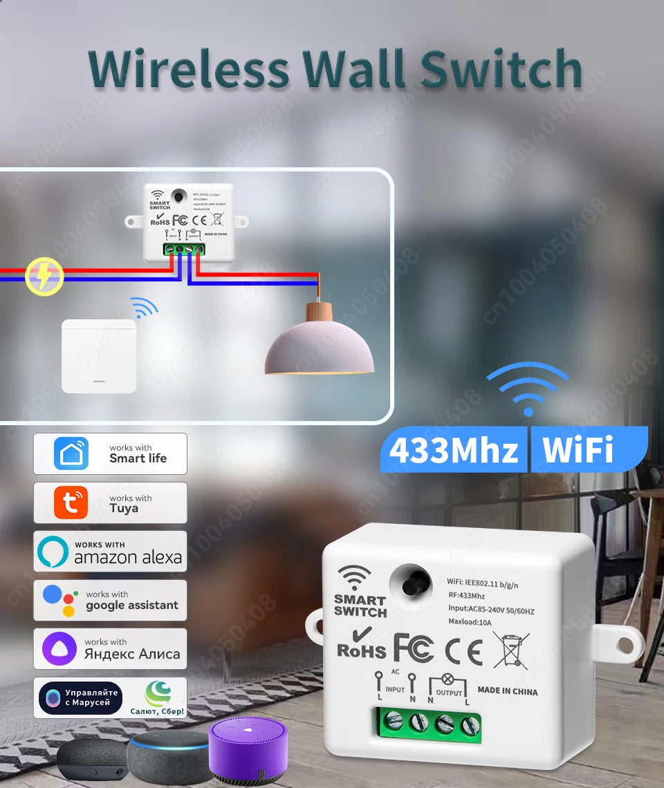 Tuya Smart Home Wifi RF433 Mhz Switch 1/2/3gang Button Switch Strong Signal Wiring-free Remote Control  Works with Alexa Google