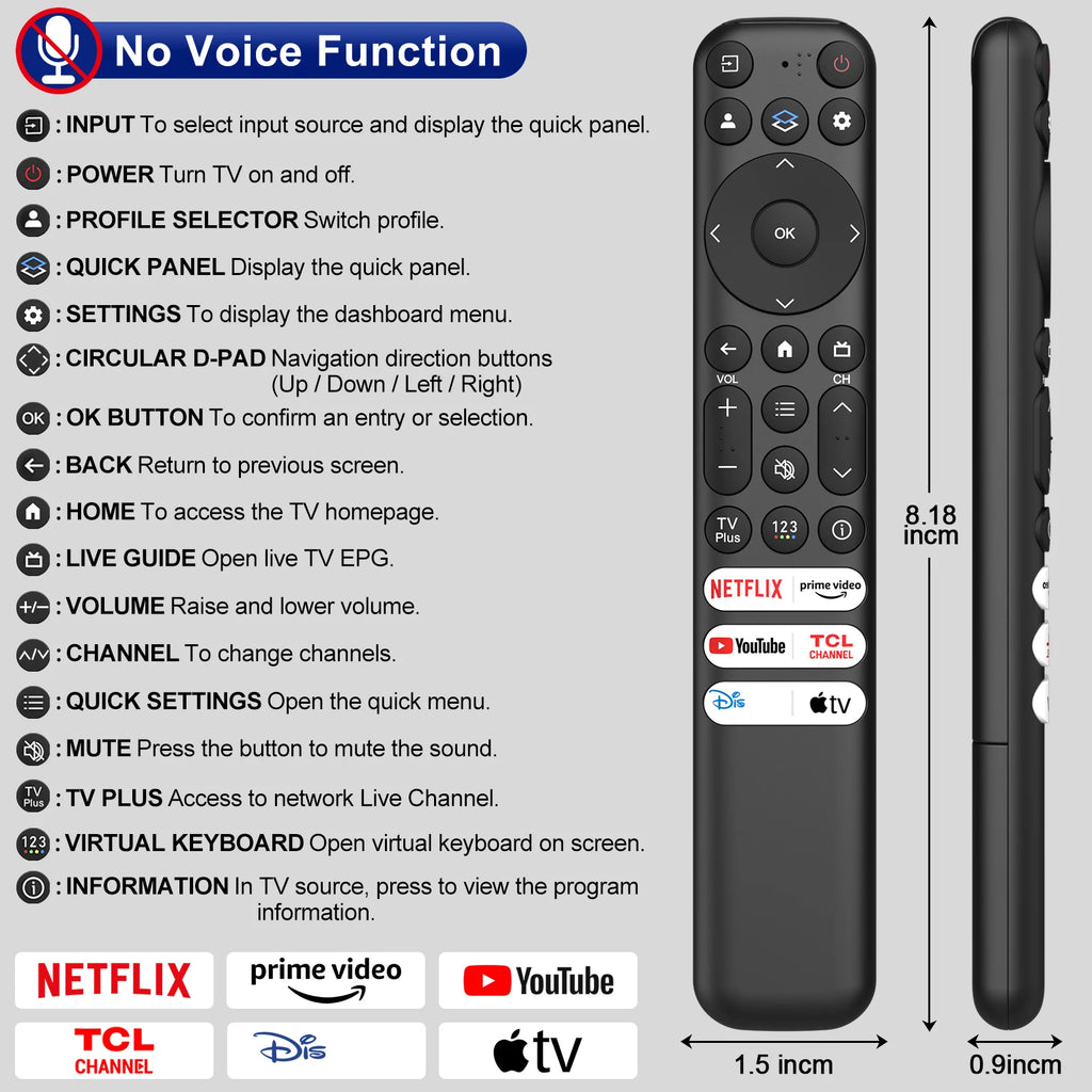 For TCL Google TV Remote Control RC813 For TCL QM8/QM7/S5/S4/S3/Q7/Q6/Q5 4K UHD HDR LED QLED QD-Mini LED Full-HD Smart TVs