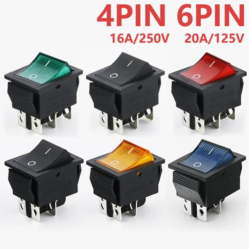 5PCS KCD4 Rocker Switch On Off with Led 4 16A 250V 220V Small 6Pin 4Pin Light for 2 Position Lamp 10A Rocket