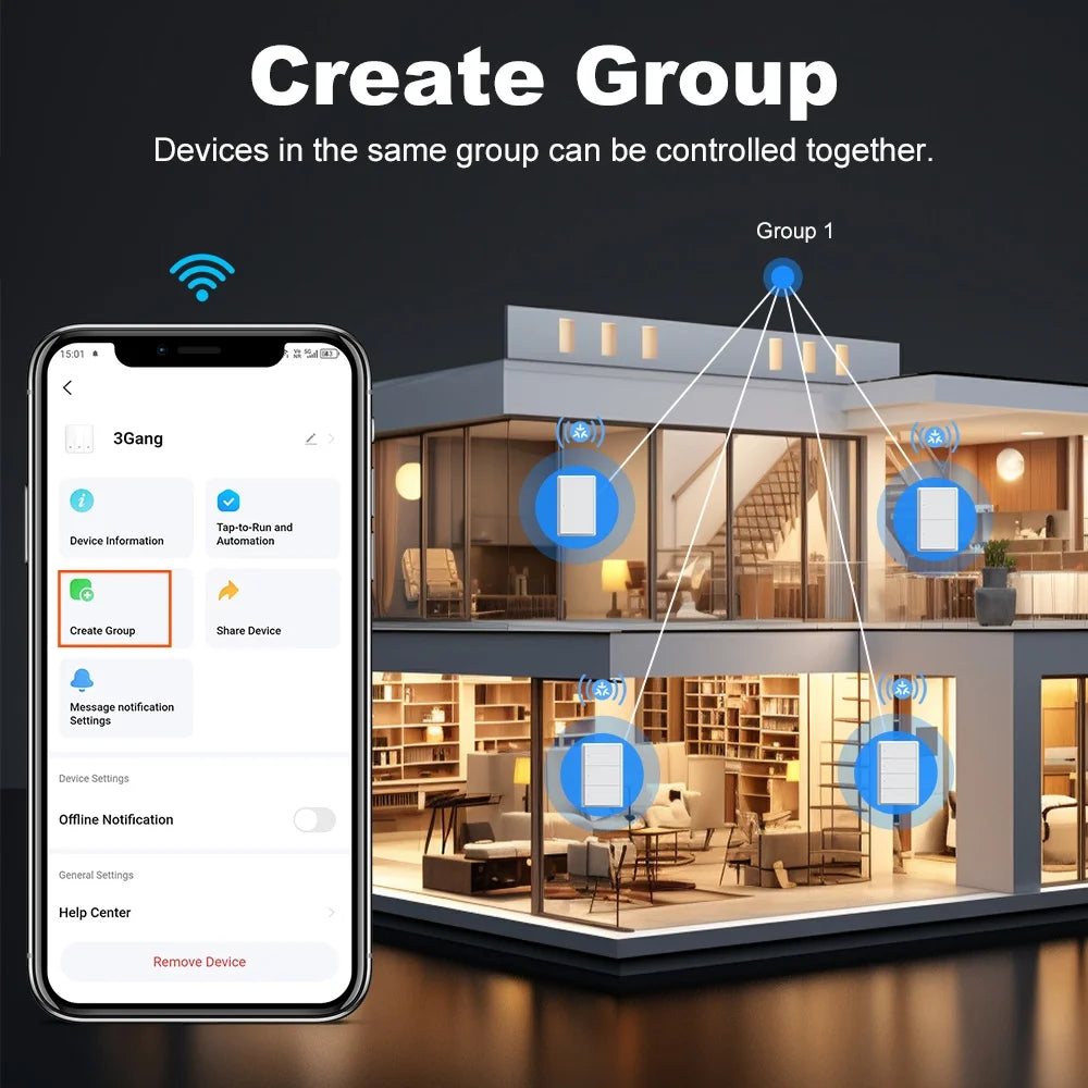 Smart Matter WIFI US Wall Light Switch Neutral Wire Optional 1-4 Gang Big Physical Push Button Voice Control Google Home Alexa