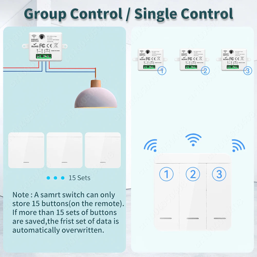 Tuya Smart Home Wifi RF433 Mhz Switch 1/2/3gang Button Switch Strong Signal Wiring-free Remote Control  Works with Alexa Google