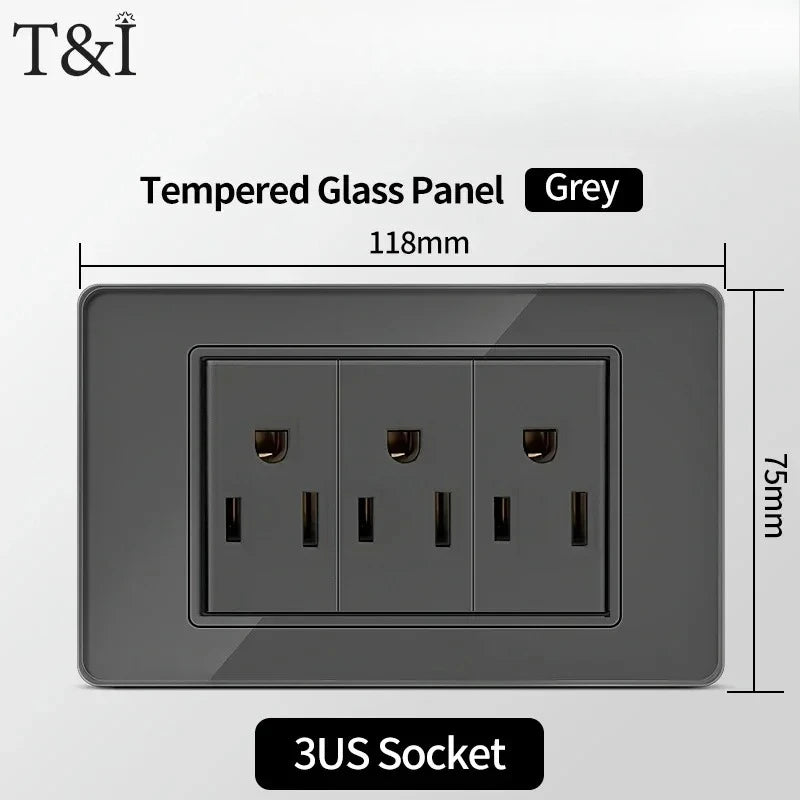 118*75mm Tempered Glass Socket US Wall Socket Grey Thai USB Socket Plug with Dual USB Type-C Ports,Light Switch 110V