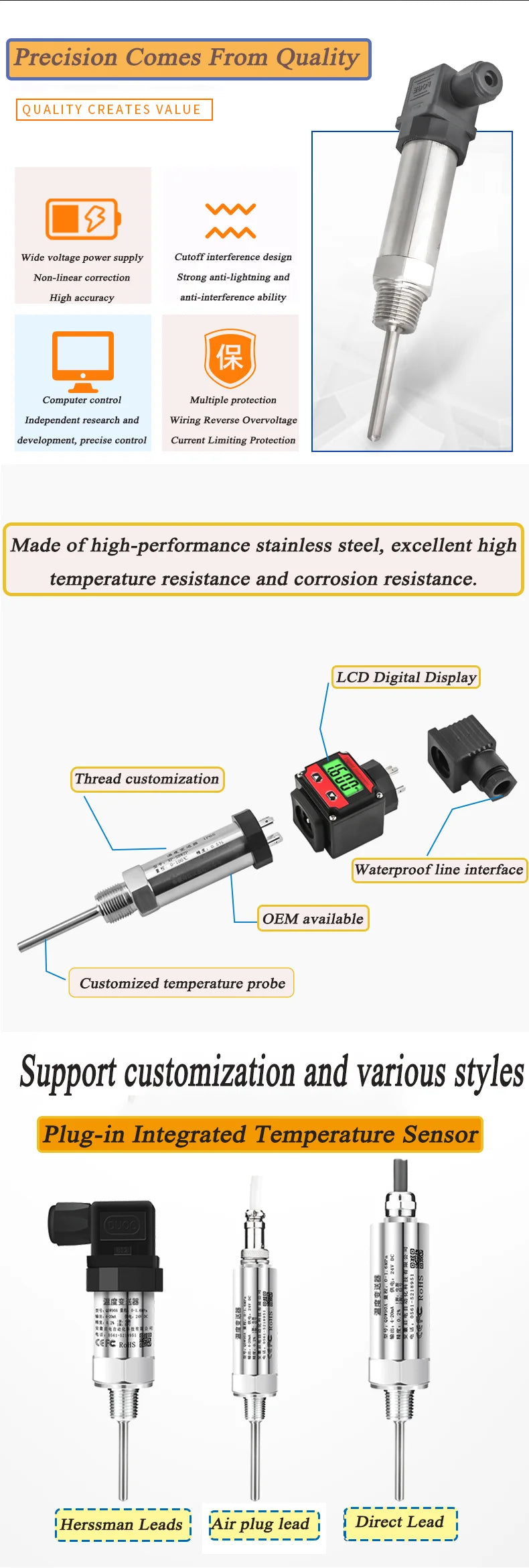 PT100 Temperature Transducer M20*1.5 4-20mA Hirschmann Temperature Sensor 0-10V 0-5V Thermal Resistance Temperature Transmitter