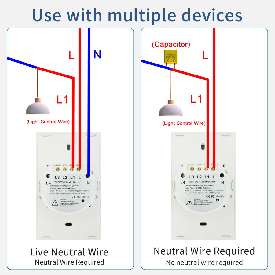 Smart Switches US Neutral Wire/No Neutral Wire Required 1/2/3/4 Gang Light WiFi Touch Switch Works with Tuya Smart Life App