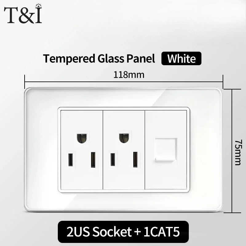 T&I 118*75mm Tempered Glass US Wall Socket White Thai USB Socket Plug with Dual USB Type-C Ports,Light Switch 110V