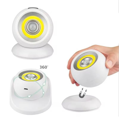 360° Rotating COB Ball Light PIR Motion Sensor LED Night Light USB/Battery Powered Magnet Wall Lamp for Bedroom Bathroom Kitchen