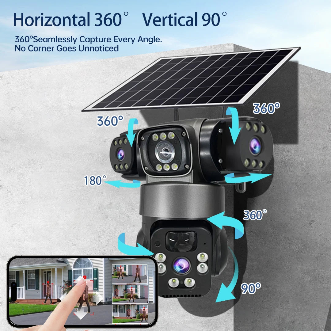 15MP IP Wifi Camera Wireless Solar Camera PTZ 3 Lens Outdoor Waterproof 10X Zoom Night Vision PIR Human Detect Security Camera