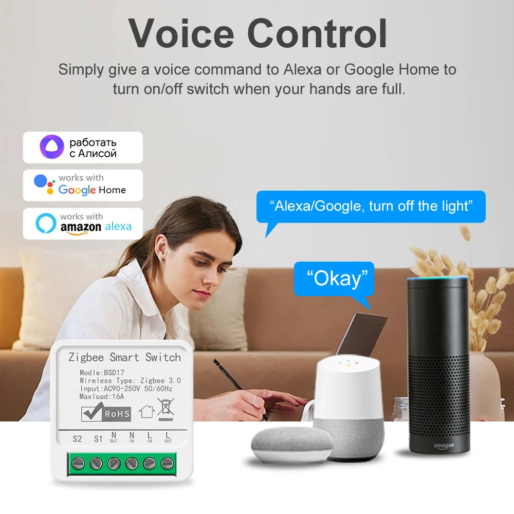 Smart ZigBee3.0 Light Switch Module 16A MiNi DIY Breaker Switch Supports 2 Way Control App Remote Control for Alexa Google Home