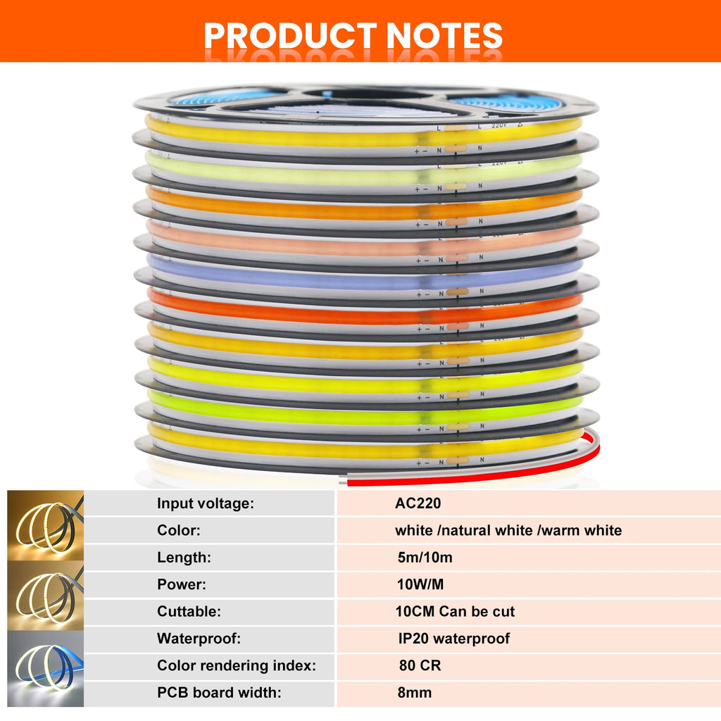220V COB LED Strip Light 5M 10M 15M 20M Flexible Tape No Need Driver High Brightness 240LEDs RA90 Red Blue White Linear Lighting