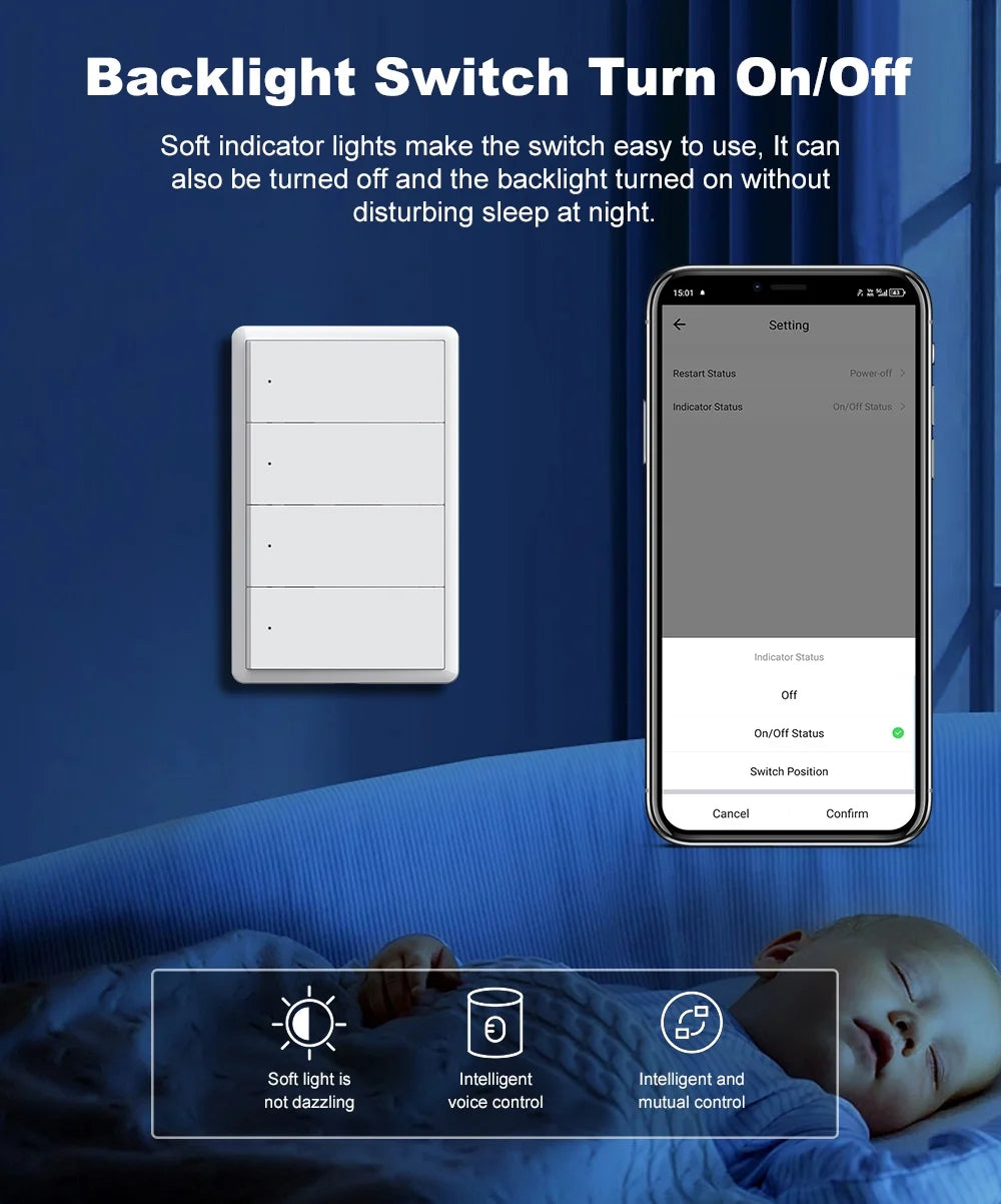 Smart Matter WIFI US Wall Light Switch Neutral Wire Optional 1-4 Gang Big Physical Push Button Voice Control Google Home Alexa