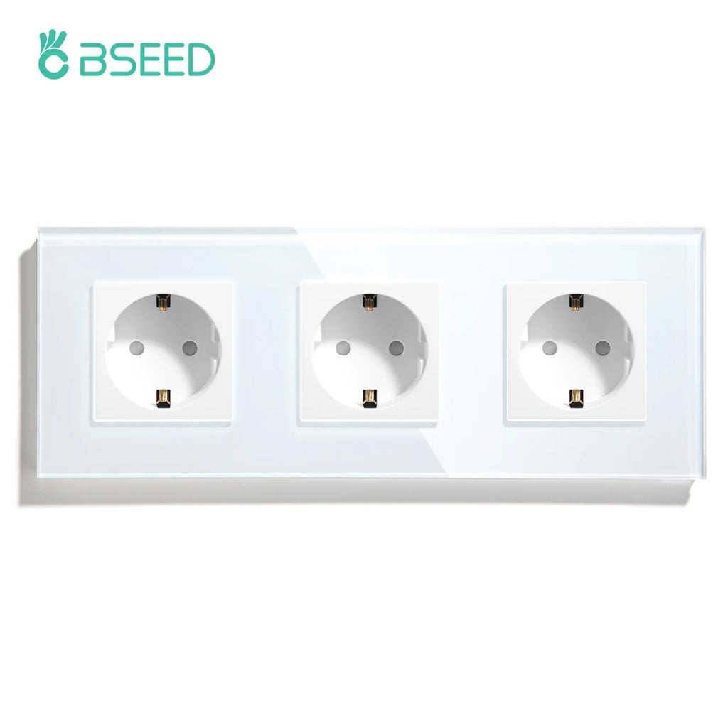 BSEED EU Standard Single Wall Socket Double Power Plugs With White Black Crystal Glass Panel Triple Outlets 16A 110V-250V