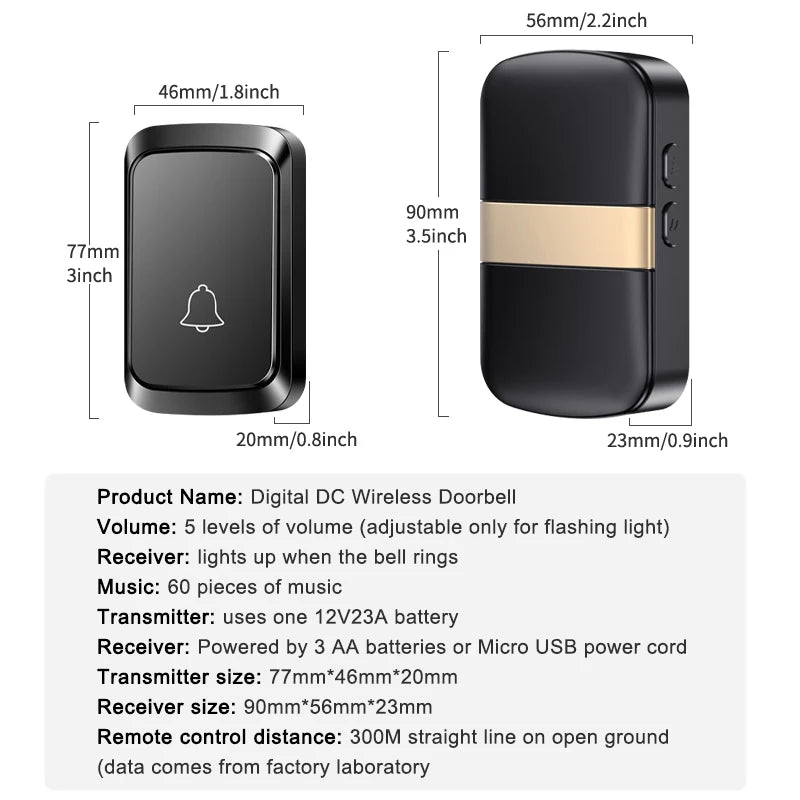 Battery Powered DC Wireless Doorbell 300M/984FT Range 60Songs Welcome Door Bell Chime Kit For Home, Store,Office ,Classroom etc.
