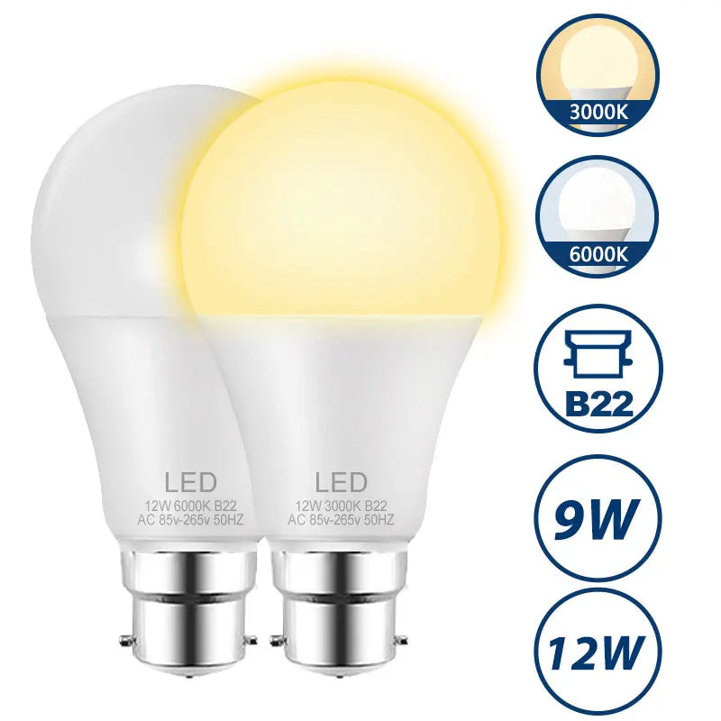 B22 9W 12W LED Bulb Energy Saving AC85-265V LED Lamp Bulb for Living Room Home Kitchen Garage Indoor