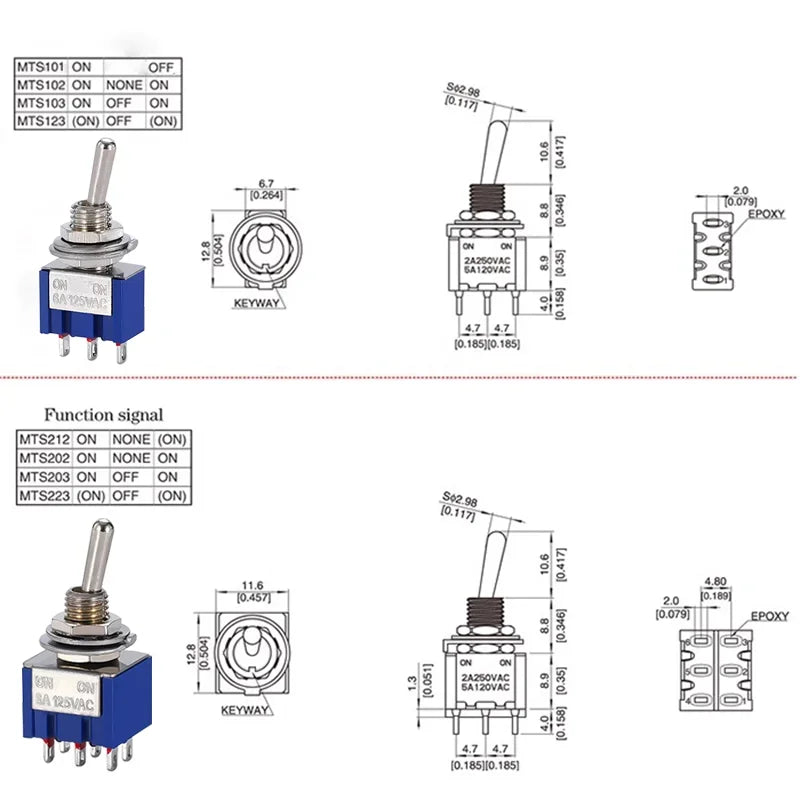 10PCS SPDT Mini Toggle Switch ON-Off-ON/ON-ON MTS202 203 Miniature Power Button Switch AC125V/6A Rocker Switch MTS-102 103