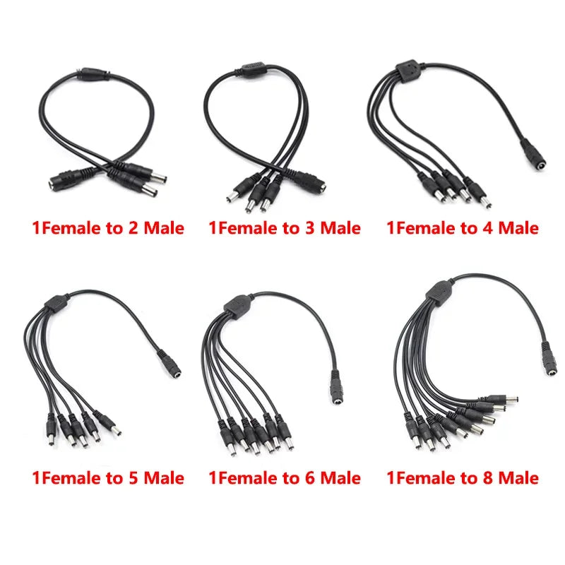 5.5*2.1mm 1 To 2/3/4/5/6/8 Way DC Power Splitter Cable 12V Power Adapter Connector Cord for LED Strip Lights CCTV Camera