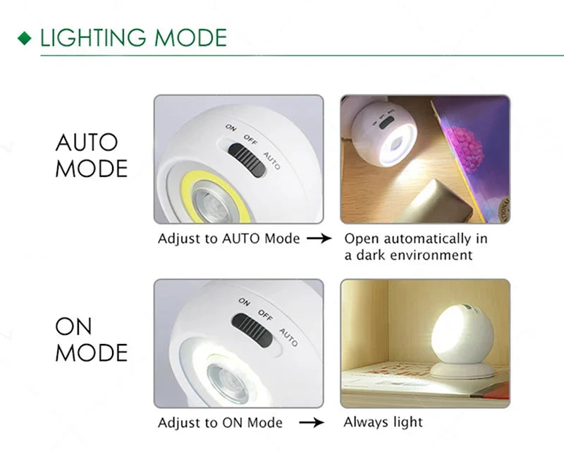 360° Rotating COB Ball Light PIR Motion Sensor LED Night Light USB/Battery Powered Magnet Wall Lamp for Bedroom Bathroom Kitchen