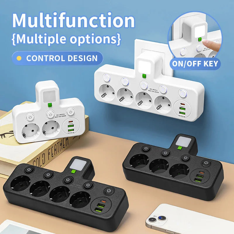 EU Plug Outlet 2-6 Sockets Electrical Socket No Extension Cord With or without it USB Type-C Ports Two specifications