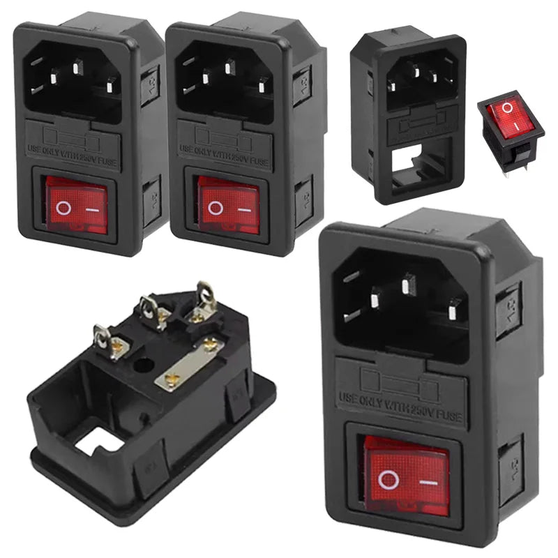 5/20Pcs AC-01 10A Fuse Rocker Switch AC Power Socket ON OFF AC Switches AC01 AC Electrical Connector with Red Lamp