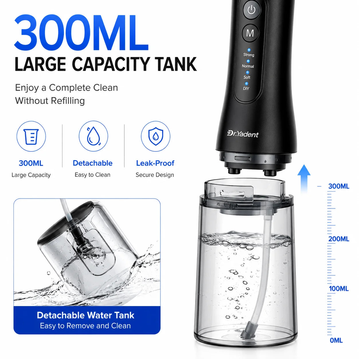 Dr Yadent Water Flosser Oral Irrigator for Adults IPX7 300mL Portable Dental Cleaner with 4 Modes 7 Nozzles Type-C Oral Care