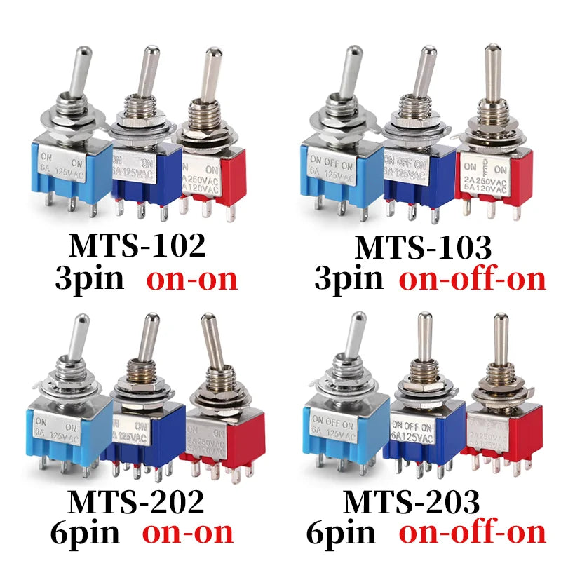 10pcs MTS-102 103 MTS-202 203 Toggle Switch 6A 125VAC on on SPDT 6mm Mini Switch DPDT on off on Waterproof Cap