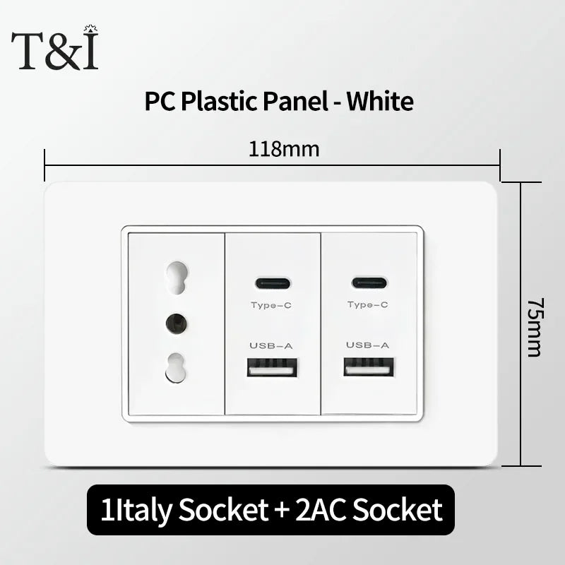 118 PC Plastic Panel Socket USB Type-C 20W Fast Charging Italy Chile Smart Wall Outlet Plug White Light Switch Home Office