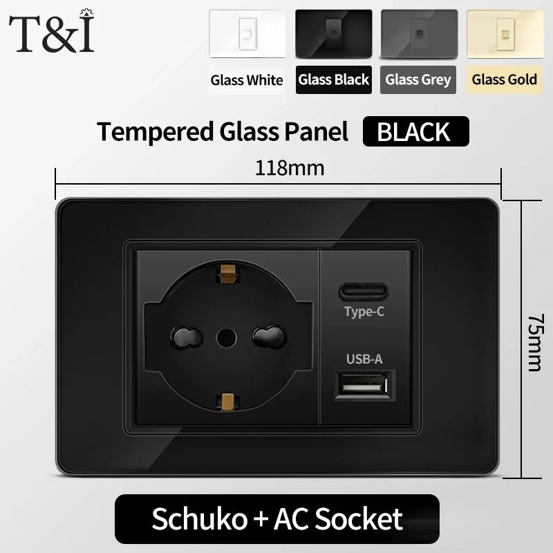 118 Series Black Tempered Glass Wall Switch Socket Italy Standard 16A Outlet with USB Type-C 20W Fast Charging for Home Office
