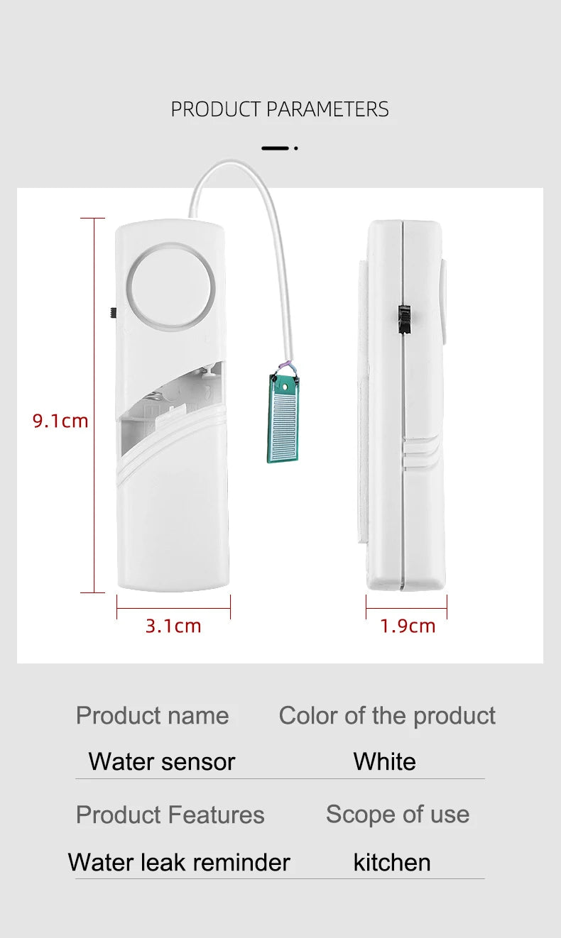 Water Leak Detector Instant 90dB Alarm Flood Sensor 1M Cable Audio Alert Battery Powered for Pipe / Floor / Kitchen / Bathroom