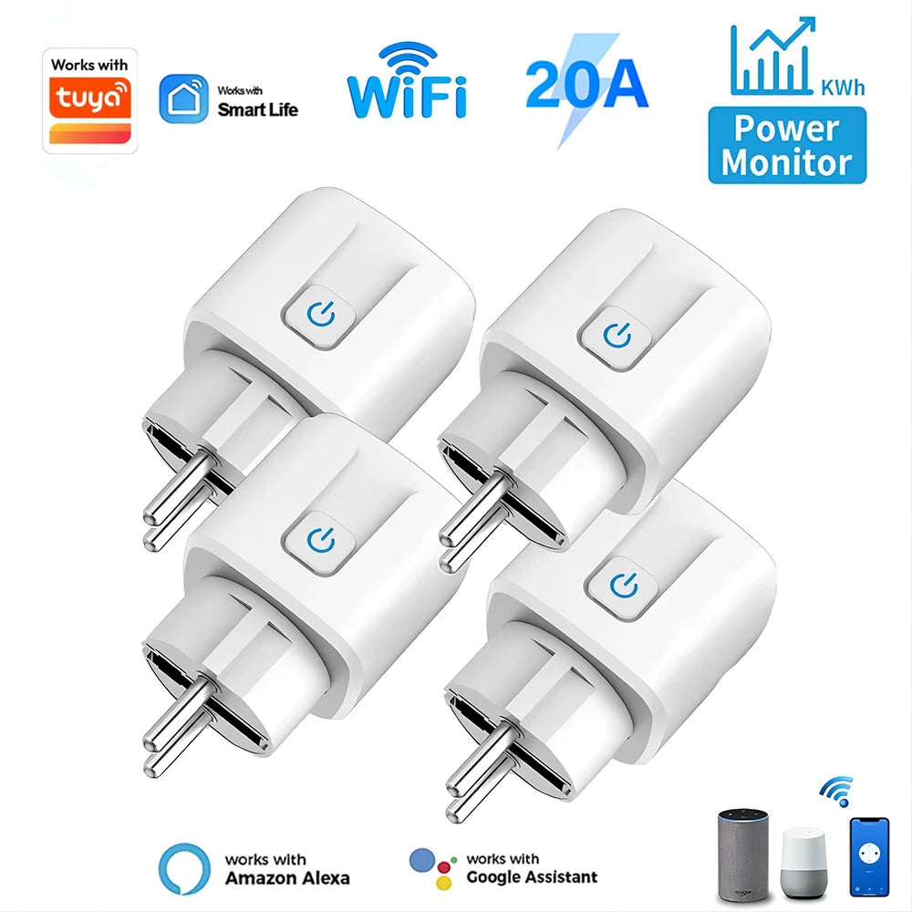 Work with Tuya Smart Life App EU 16A/20A WiFi Smart Socket Plug, Timer Function, Voice Control Compatible Alexa Google Assistant