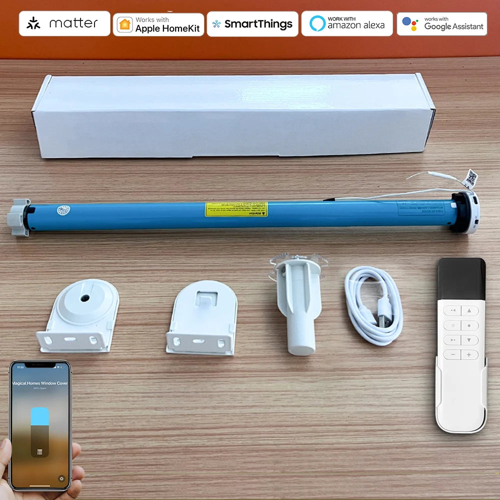 Matter Over Thread Smart Roller Shade Blinds Motor Built in Battery for 37mm 38mm Tube Homekit Google Home Smartthings  App