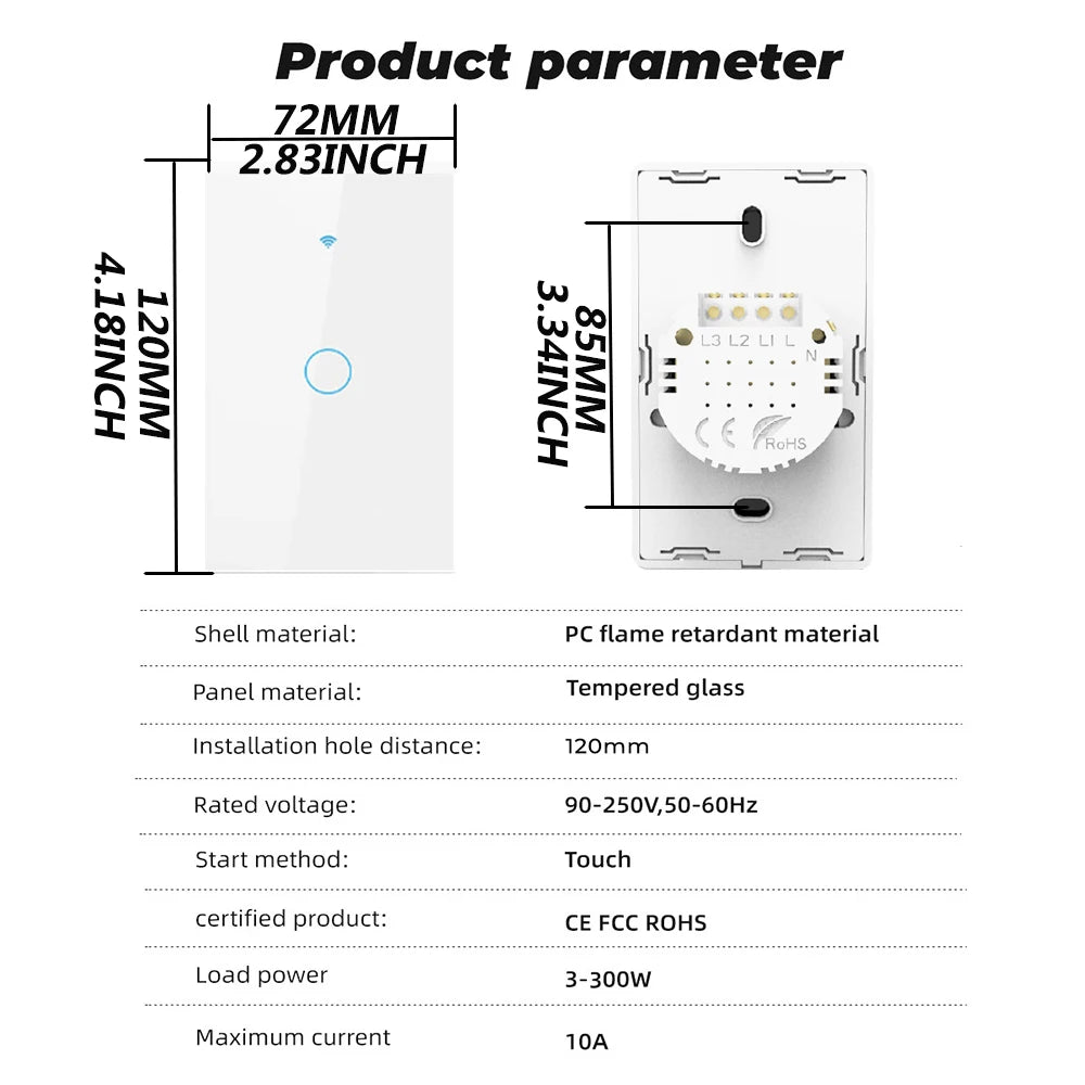 Tuya WiFi US Smart Light Switch Wall Touch Switch  Neutral wire/No Neutral wire Required 120 Type Work with Alexa, Google Home