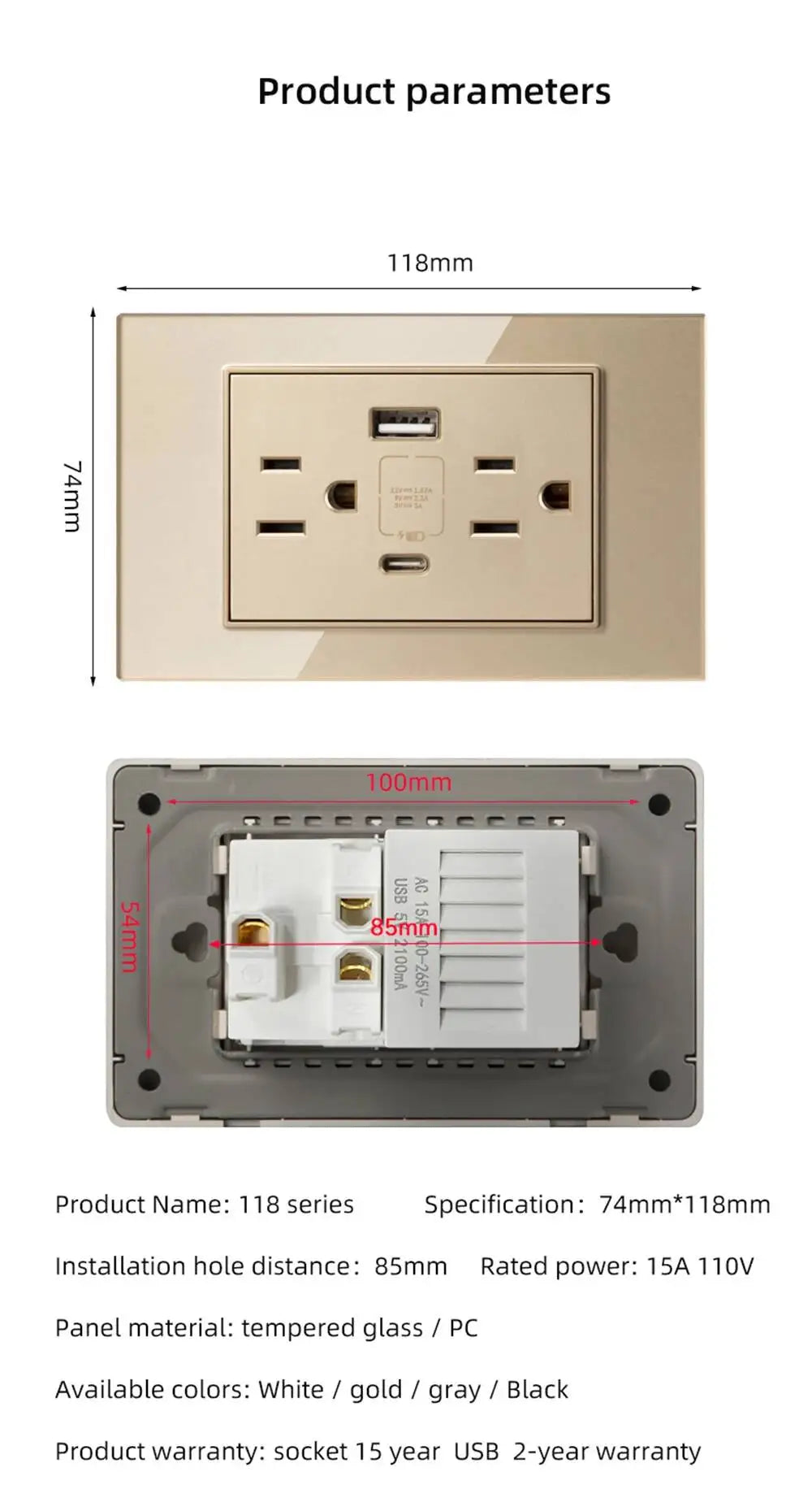 Herepow 118 Series Thailand American Standard Dual USB Wall Socket Smart Home Appliance Plug Adapter Type-c 3.1A Fast Charging