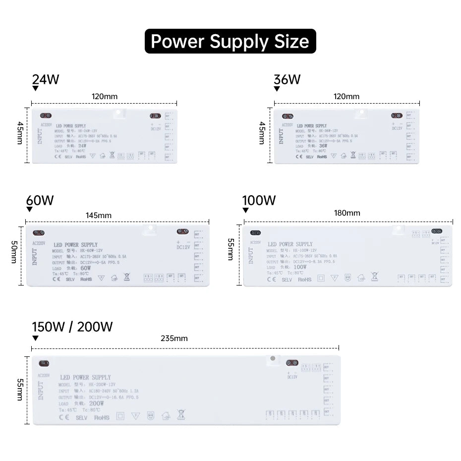 200W 150W 100W 60W 36W 24W LED Cabinet Light Strip Transformer AC220V to DC12V/24V for Home Wardrobe/Shelf with DuPont Port