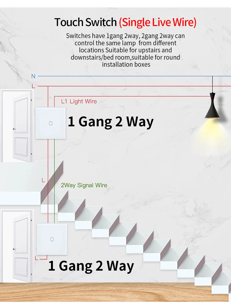 1/2gang 2way Dual Switch Wall Touch Switch EU Standard Light Switches For Staircase Bedside Switches Bedroom 240V No Wifi