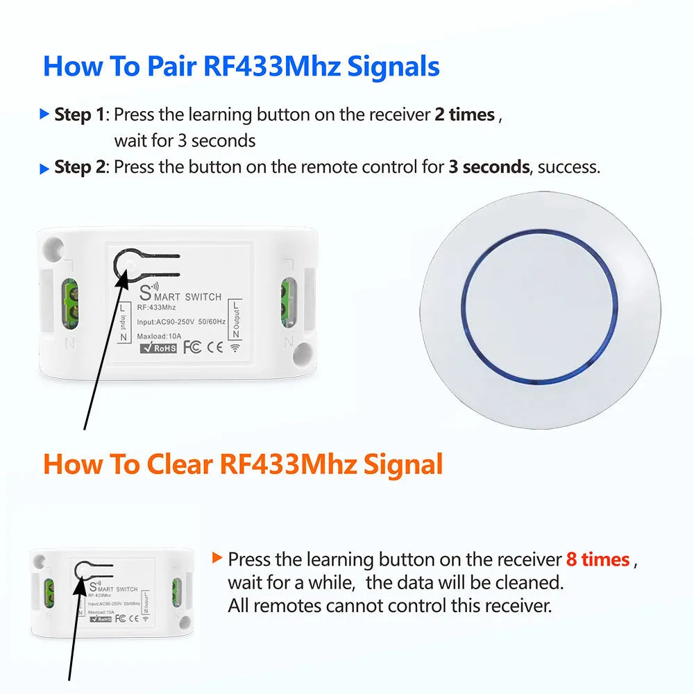 433MHz Wireless Light Switch 10A Relay Breaker Remote Control 220V 110V Mini Round Button Wall Switch for Home LED Lamp