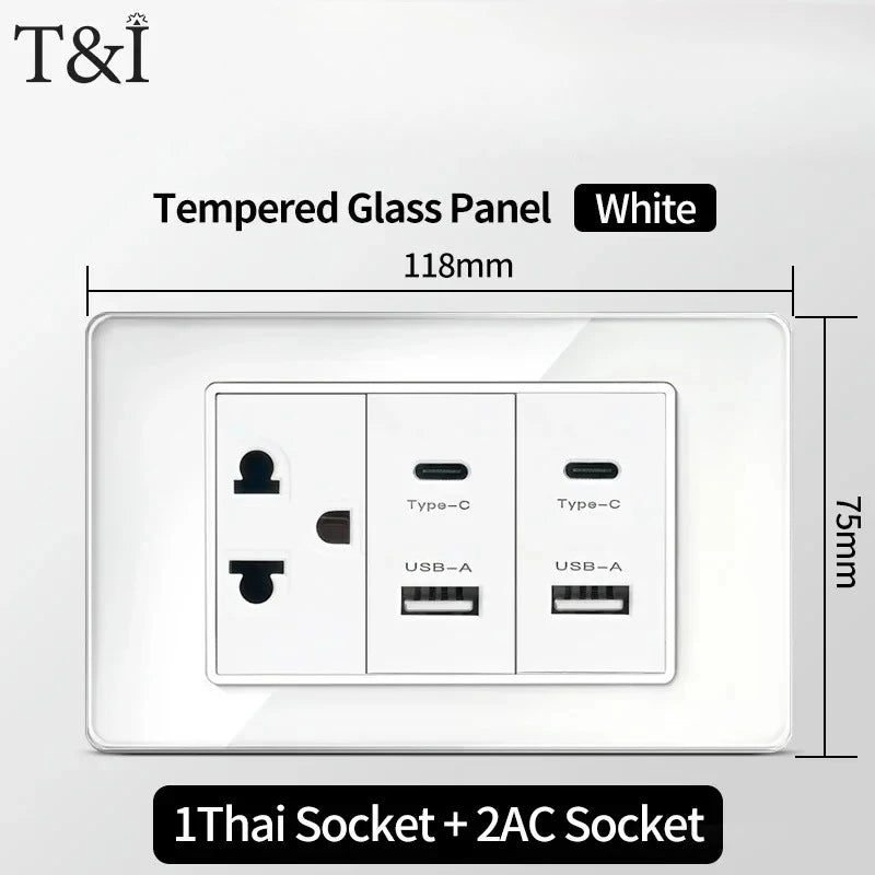 T&I 118*75mm Tempered Glass US Wall Socket White Thai USB Socket Plug with Dual USB Type-C Ports,Light Switch 110V
