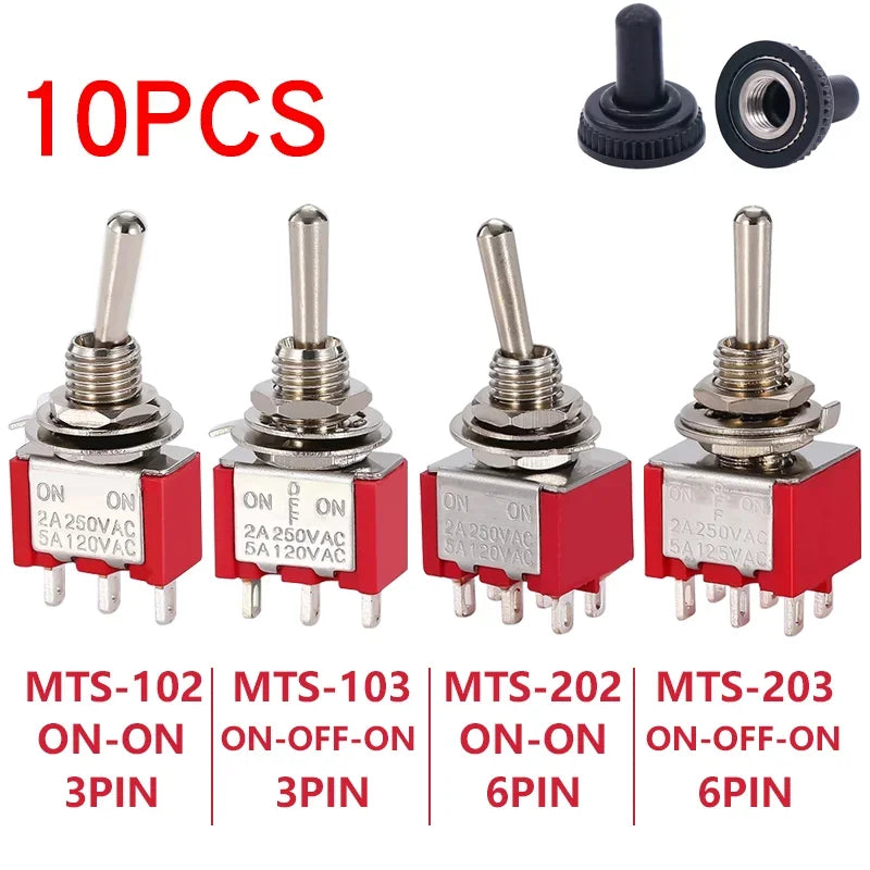 10pcs MTS-102 103 MTS-202 203 Toggle Switch 6A 125VAC on on SPDT 6mm Mini Switch DPDT on off on Waterproof Cap