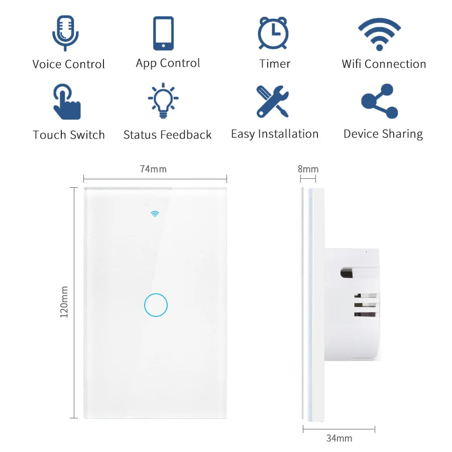 Tuya WiFi US Smart Light Switch Wall Touch Switch  Neutral wire/No Neutral wire Required 120 Type Work with Alexa, Google Home