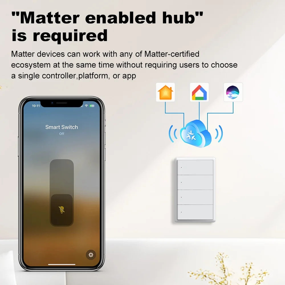 Smart Matter WIFI US Wall Light Switch Neutral Wire Optional 1-4 Gang Big Physical Push Button Voice Control Google Home Alexa