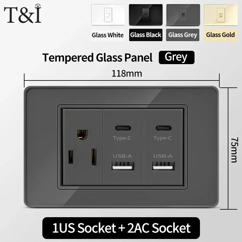 US MexicoSeries Tempered Glass Panel Plate Power Wall Socket USB Type-C Outlet Light Switch 2Way Control Home Office 110V