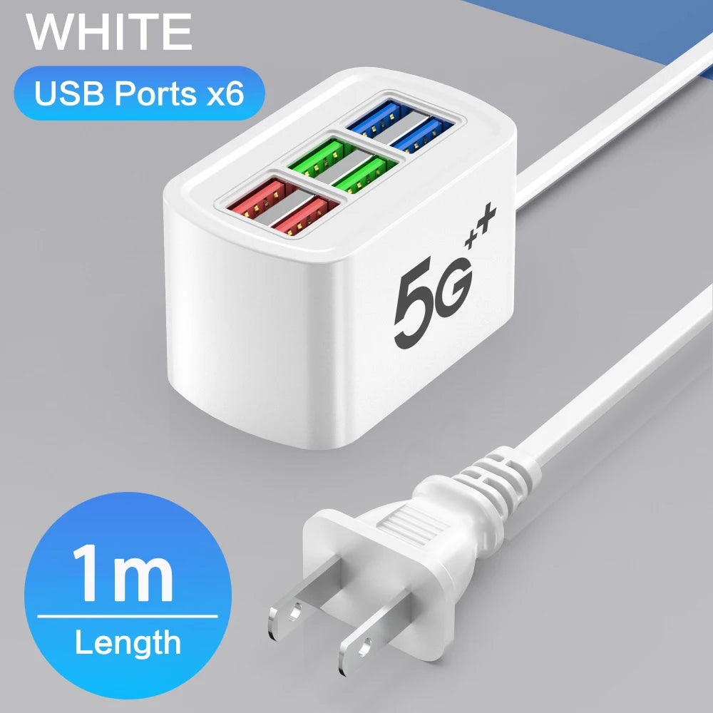 6 in 1 Fast USB Charger Power Strip Desktop Fast Charging Station with 1m Cord USB Hub Adapter Socket for iPhone Home EU US Plug