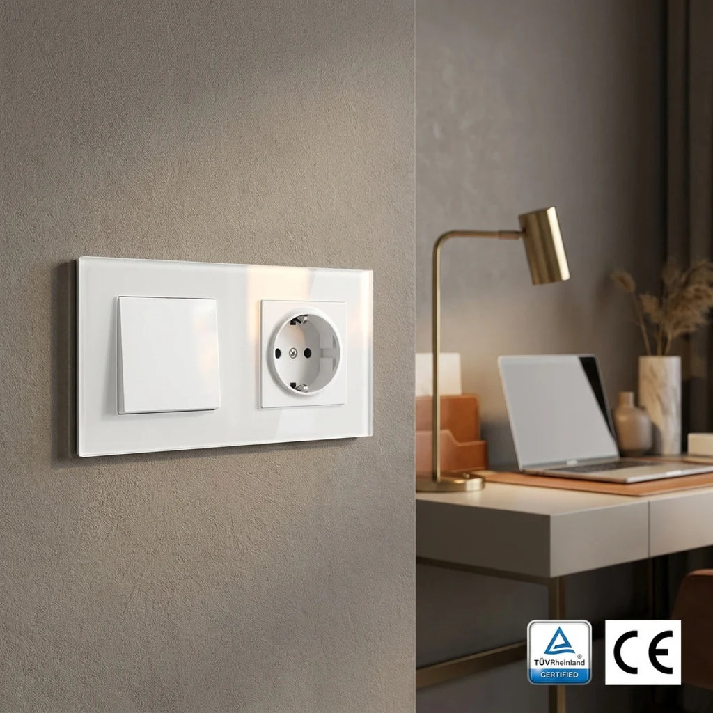 TUV Certified EU Standard Single Wall Socket with Double Power Plug USB Type-C Crystal Glass Panel 1Way Wall Switch 10A/16A 250V
