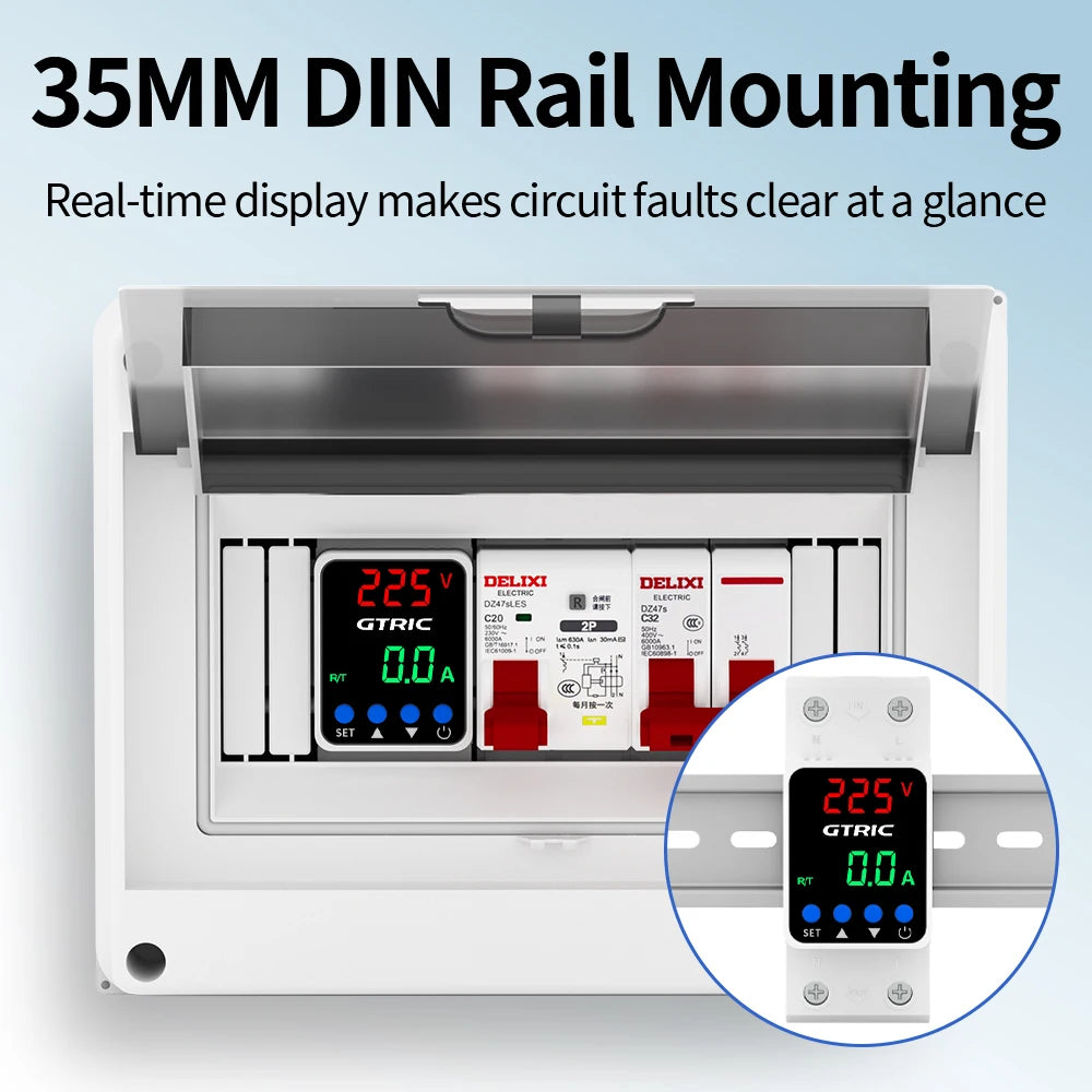 GTRIC Over Under Voltage Protector Adjustable Over Voltage 63A 220VAC Din Rail Under Voltage Protection Device Protector Relay